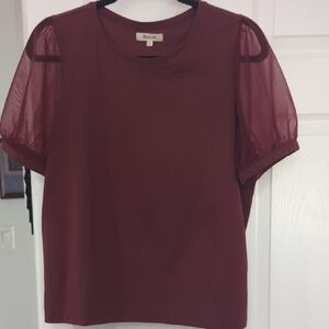 Madewell Maroon Sheer Puff Sleeve Large Top